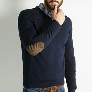 J. Crew Wool Sweater V Neck Navy w/ Elbow Patches